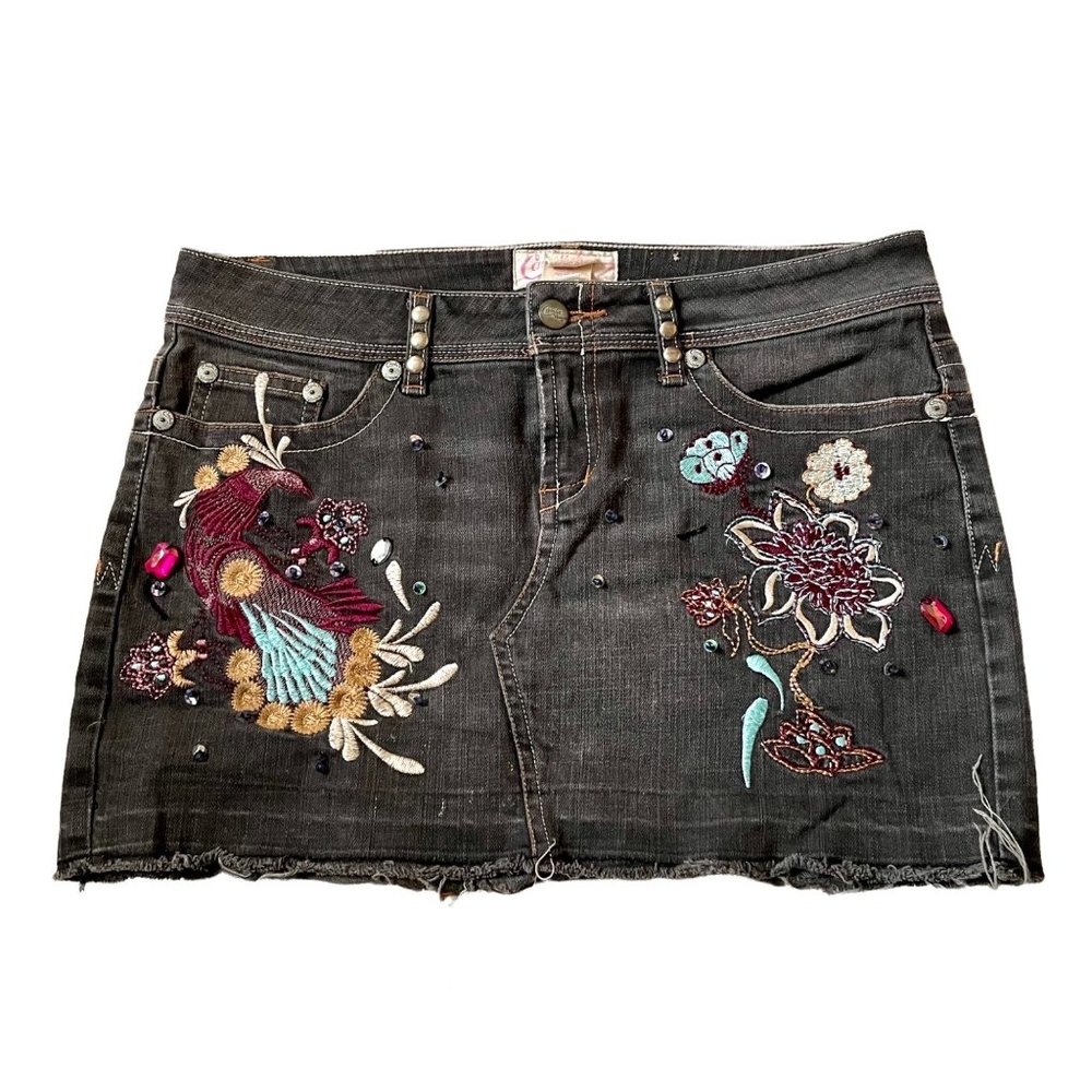 Vintage Y2K Candie’s Embroidered Peacock Low Rise Denim Mini Skirt